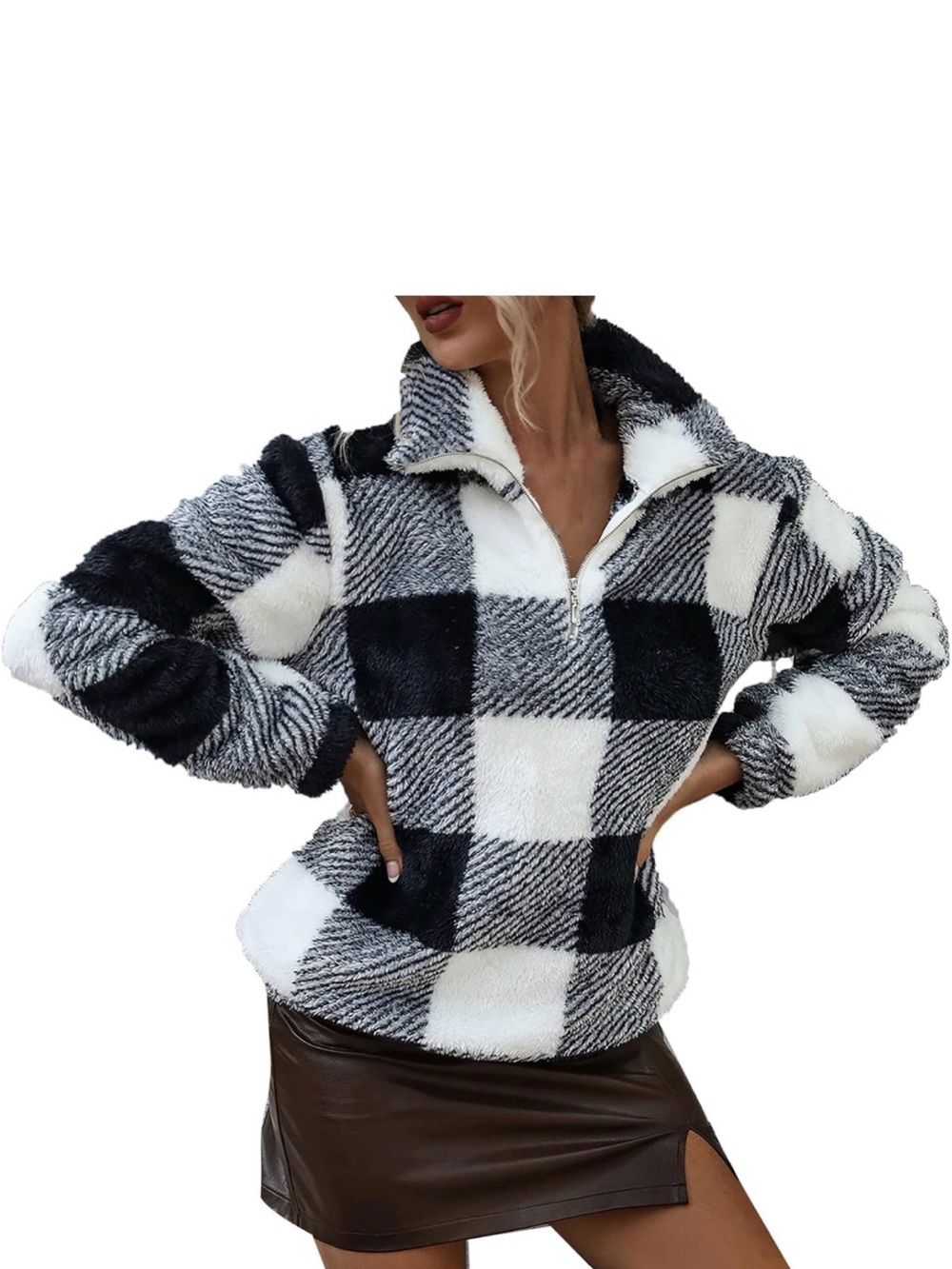 Cozy Plaid Half-Zip Sherpa Pullover Jacket - Black & White